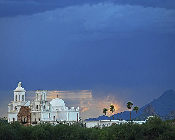 San Xavier Del Bac Mission Poster featuring the photograph Monsoon Skies over the Mission by Chance Kafka