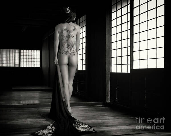 Mysterious Japanese woman with a dragon tattoo of Yakuza clan on Poster by Awen Fine Art Prints picture photo