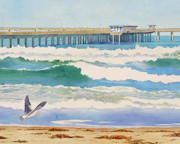 Ocean Poster featuring the painting Ocean Beach Pier California by Mary Helmreich