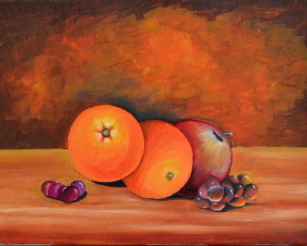 This Still Life Of Fruit Was Done In Oil. I Enjoy Doing Still Life's Of Fruits And Other Objects. I Did An Impressionist Background Because I Want The Focus On The Still Life. The Oranges Poster featuring the painting Oranges and Apple by Martin Schmidt