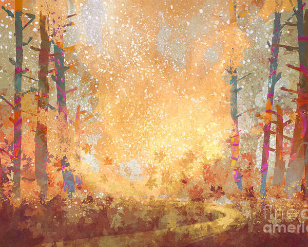 Forest Poster featuring the digital art Pathway In Autumn Forestlandscape by Tithi Luadthong