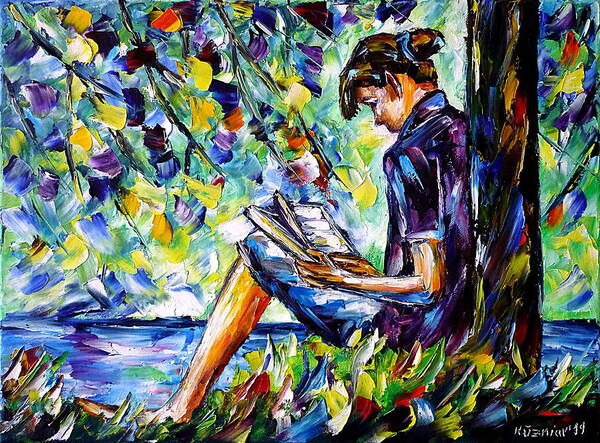 Girl With A Book Poster featuring the painting Reading By The River by Mirek Kuzniar