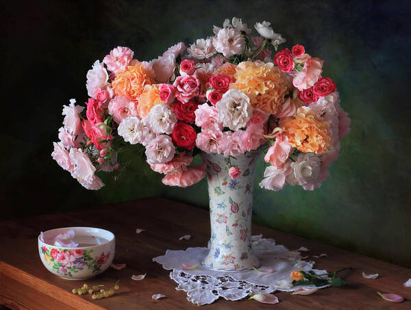 Still Poster featuring the photograph Still Life With A Bouquet Of Garden Roses by Tatyana Skorokhod (??????? ????????)