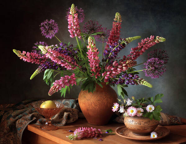 Still-life Poster featuring the photograph Still Life With A Bouquet Of Lupine by Tatyana Skorokhod (??????? ????????)