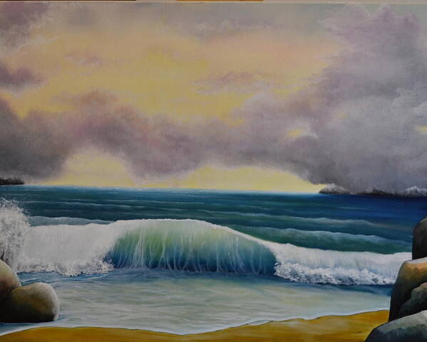 This Is An Oil Painting Of A Seascape. I Wanted To Paint A Large Wave Crashing On The Land. I Painted Large Rocks And A Sandy Beach For This Seascape. I Made The Sky With Large Dark Clouds That Are Forming Into A Storm. The Large Wave I Painted Shows It's Almost Fully Crested. Part Of This Wave Is Crashing Against The Rocks. In The Distant Background Are Some Islands. This Is A Large Painting That Would Complement Any Room In A House Or Office. Poster featuring the photograph Storm Waves by Martin Schmidt