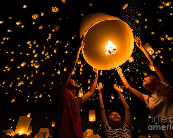 Happy Poster featuring the photograph Thais Family Release Sky Lanterns by Patrick Foto