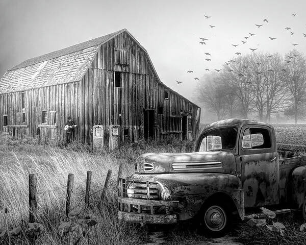 1951 Poster featuring the photograph Truck in the Fog in Black and White by Debra and Dave Vanderlaan