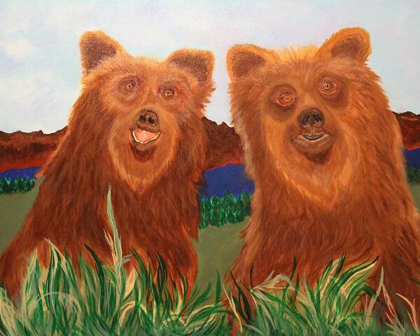 Bears Poster featuring the painting Two Bears in a Meadow by Bill Manson