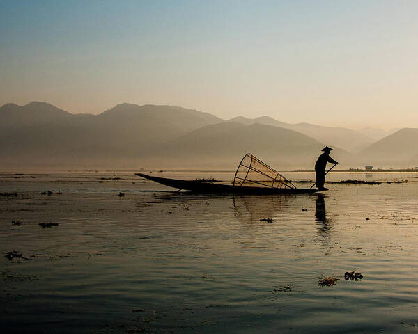 Fisherman Poster featuring the photograph Fisherman at Inle Lake by Arj Munoz