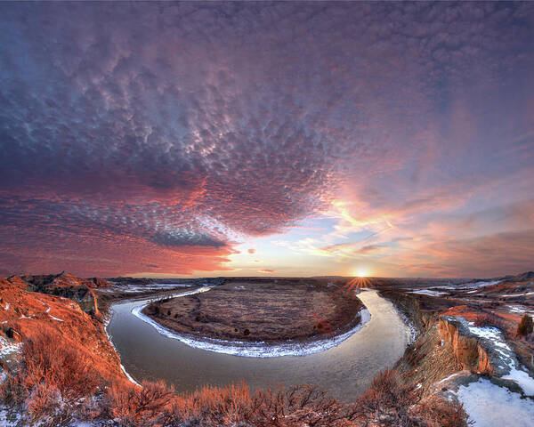 Badlands Poster featuring the photograph Flowing to the Sun - Sunset Panorama of Little Missouri at Wind Canyon - Badlands National Park ND #1 by Peter Herman