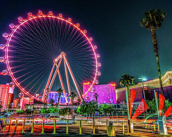 Neon Lights Poster featuring the photograph Las Vegas Nevada High Roller Ferris Wheel by Dave Morgan