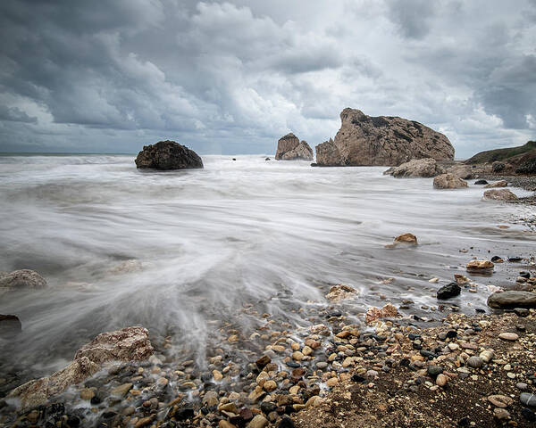 Sea Waves Poster featuring the photograph Seascape with windy waves during stormy weather on a rocky coast by Michalakis Ppalis