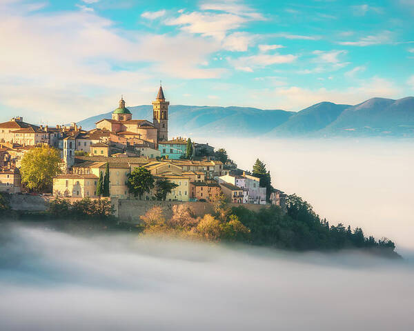 Trevi Poster featuring the photograph Trevi picturesque village in a foggy morning. Perugia, Umbria, I by Stefano Orazzini