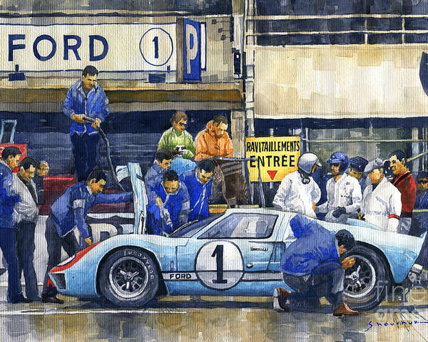 Shevchukart Poster featuring the painting 1966 Le Mans 24 Pit Stop Ford GT40 MkII Ken Miles Denny Hulme by Yuriy Shevchuk