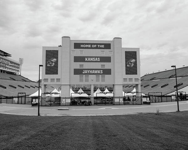 Kansas Jayhawks Stadium Poster featuring the photograph Kansas Jayhawks football stadium in black and white by Eldon McGraw