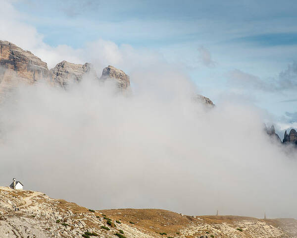 Tre Cime Poster featuring the photograph Mountain landscape with fog in autumn. Tre Cime dolomiti Italy. by Michalakis Ppalis