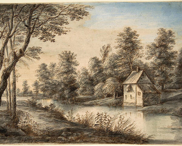 Lucas Van Uden Poster featuring the drawing Wooded Landscape with a House beside a River by Lucas van Uden