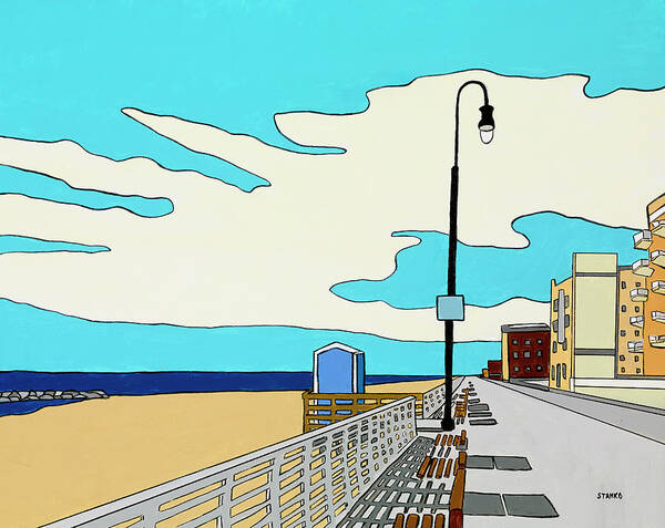 Long Beach Boardwalk Long Island Ocean Sand New York Beach Poster featuring the painting A Long Beach Morning by Mike Stanko