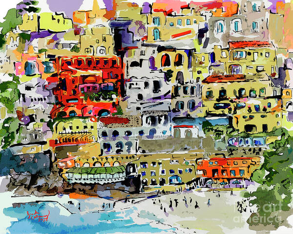 Abstract Amalfi Coast Poster featuring the mixed media Abstract Modern Positano Houses by Ginette Callaway