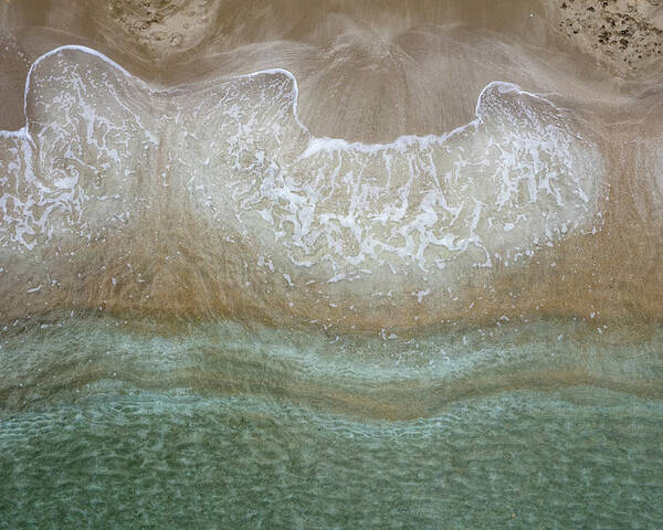 Golden Sand Poster featuring the photograph Aerial view drone of empty tropical sandy beach with golden sand. Seascape background by Michalakis Ppalis