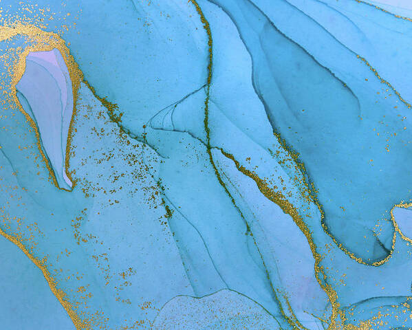 Blue Poster featuring the painting Alcohol ink blue and gold abstract background. Ocean style water by Tony Rubino