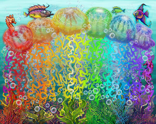 Aquatic Poster featuring the digital art Aqua Jellyfish Rainbow Fantasy by Kevin Middleton