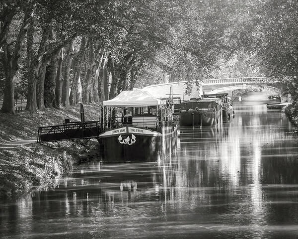 Toulouse Poster featuring the photograph Barges on Canal de Brienne Toulouse France Black and White by Carol Japp