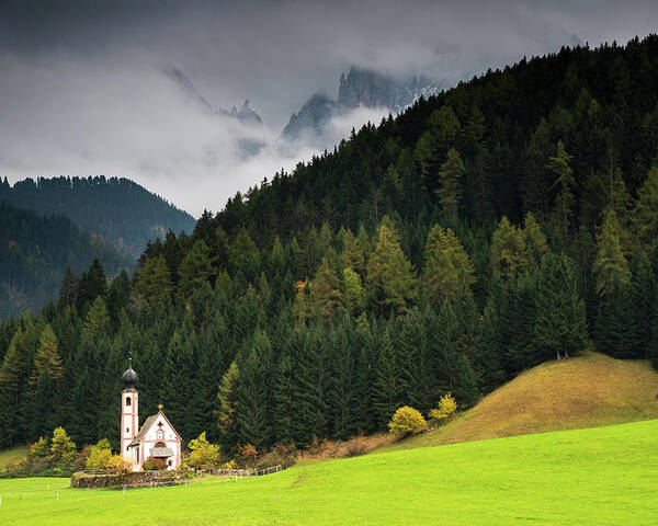 Dolomite Mountains Poster featuring the photograph Beautiful small Alpine church in Italy. by Michalakis Ppalis