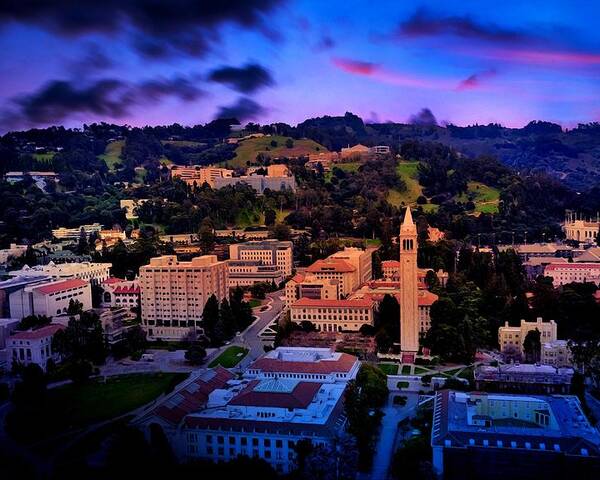 Berkeley Poster featuring the digital art Berkeley University of California campus - aerial at sunset by Nicko Prints