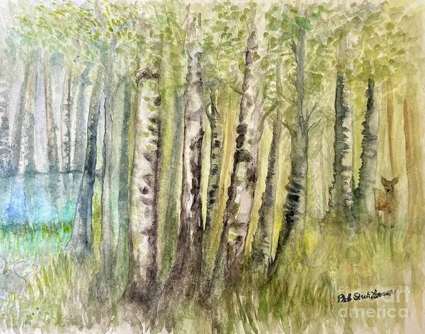 Birch Trees Poster featuring the painting Birch Forest Visitor by Deb Stroh-Larson