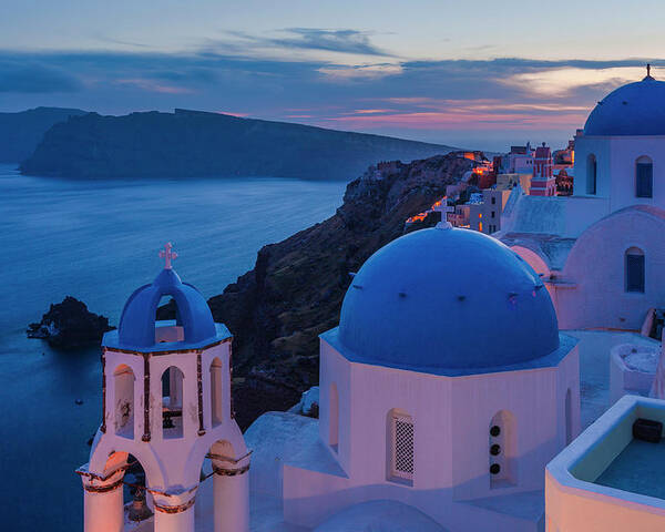 Aegean Sea Poster featuring the photograph Blue Domes Of Santorini by Evgeni Dinev