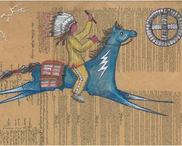 Ledger Art Poster featuring the drawing Blue Pony on Constitution by Robert Running Fisher Upham