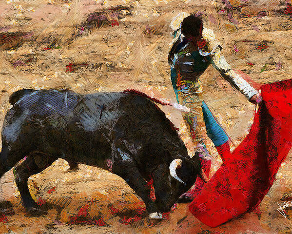 Bull Poster featuring the painting Bullfighting by Charlie Roman