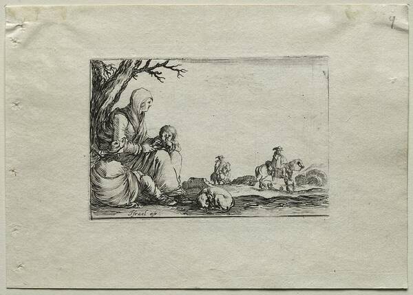 Antique Poster featuring the painting Caprices Seated Beggar Woman with Two Children c. 1642 Stefano Della Bella by MotionAge Designs