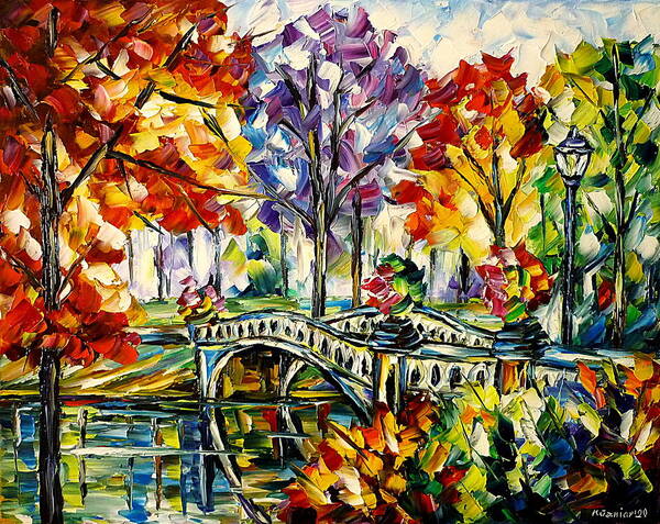 Colorful Cityscape Poster featuring the painting Central Park, Bow Bridge by Mirek Kuzniar