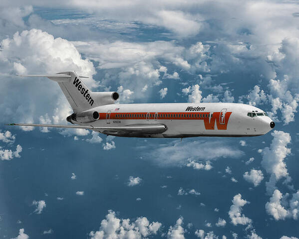 Western Airlines Poster featuring the mixed media Classic Western Airlines Boeing 727 by Erik Simonsen