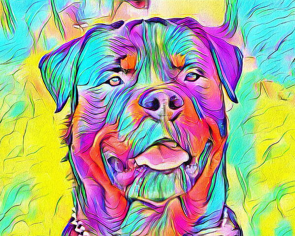 Rottweiler Dog Poster featuring the digital art Colorful Rottweiler dog portrait - digital painting by Nicko Prints