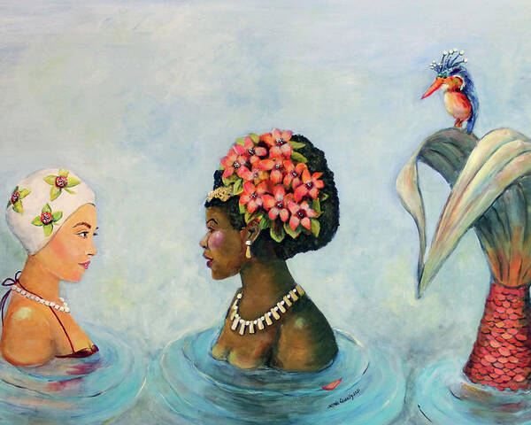 Mermaid Poster featuring the painting Conversation With a Mermaid by Linda Queally by Linda Queally