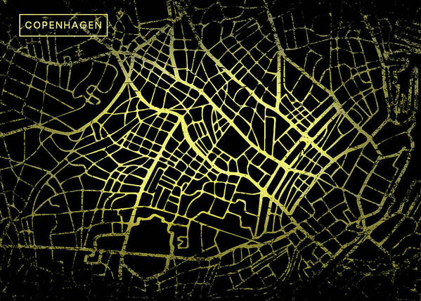 Map Poster featuring the digital art Copenhagen Map in Gold and Black by Sambel Pedes