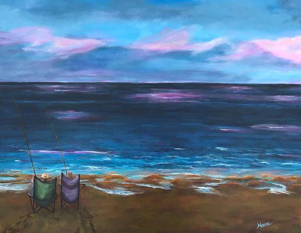 Pink Sky Poster featuring the painting Early Morning Surf Fishing by Deborah Naves