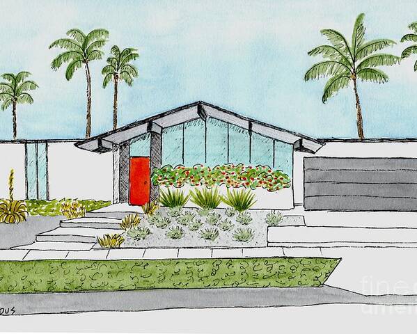 Mid Century Modern Home Poster featuring the painting Eichler Home in California by Donna Mibus