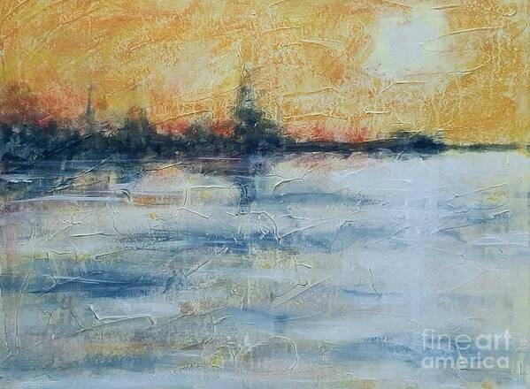 Water Abstract Impressionist Land Sun Sky Trees Hills Black White Orange Yellow Blue Reflection Shadows Texture Marks Poster featuring the painting Evening by Ida Eriksen
