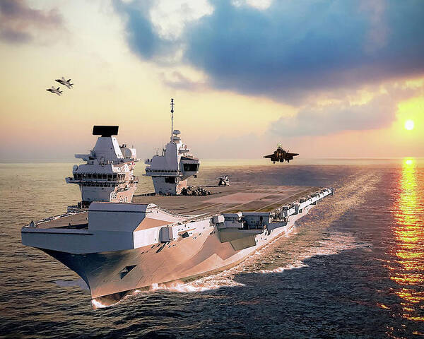 F-35 Poster featuring the digital art F-35s and HMS Queen Elizabeth by Airpower Art