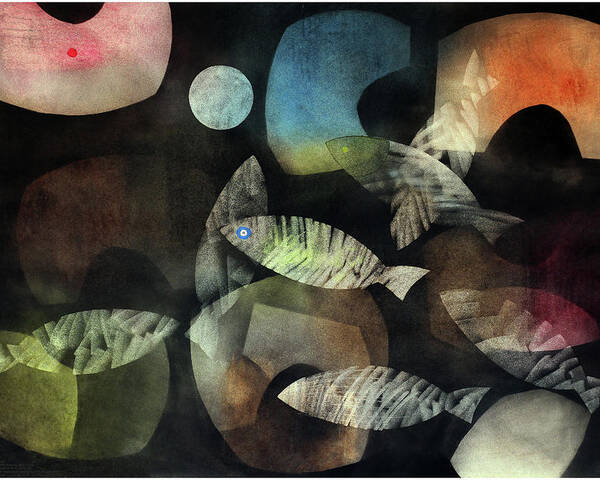 Abstract Poster featuring the painting Fish Moon by Winston Saoli 1950-1995