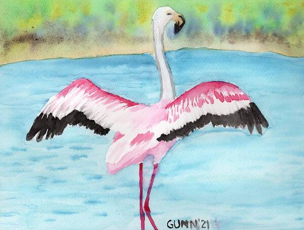 Flamingo Poster featuring the painting Flapping Flamingo by Katrina Gunn