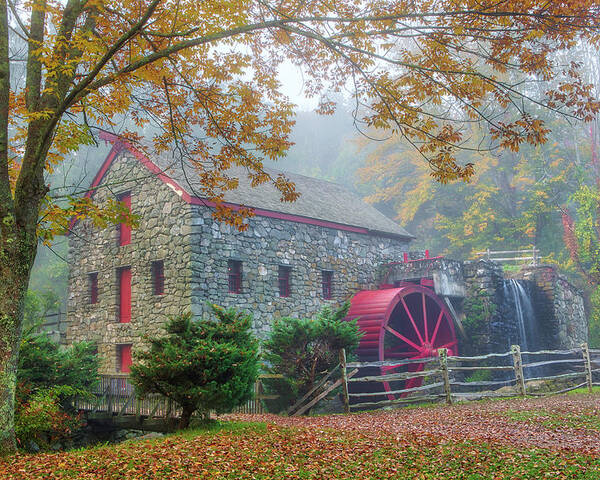 New England Fall Foliage Poster featuring the photograph Fog and Fall Colors at the Sudbury Grist Mill by Juergen Roth