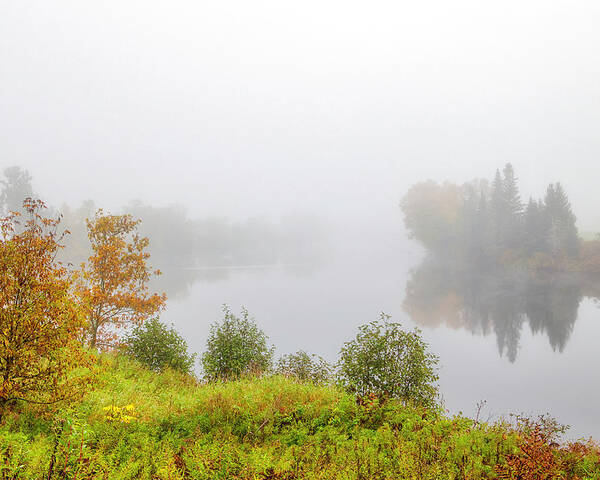 Connecticut River Poster featuring the photograph Foggy Morning and Fall Foliage at the Connecticut River by Juergen Roth