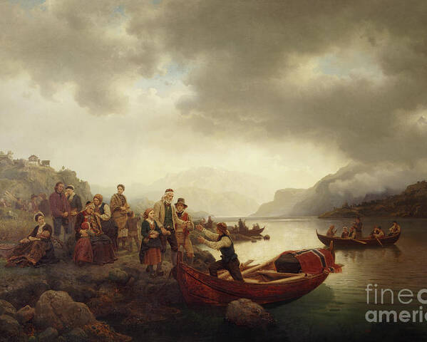 Hans Gude Poster featuring the painting Funeral on Sognefjord, 1853 by O Vaering by Hans Gude and Adolph Tidemand