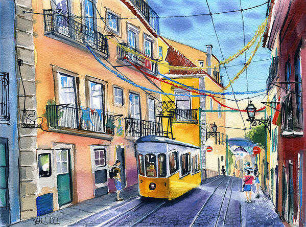 Portugal Poster featuring the painting Funicular Bica in Lisbon by Dora Hathazi Mendes