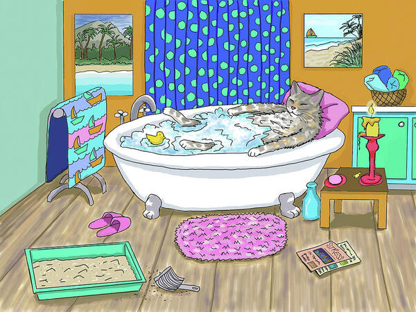 Cat Poster featuring the digital art Funny Cat in Bath Cat 665 by Lucie Dumas